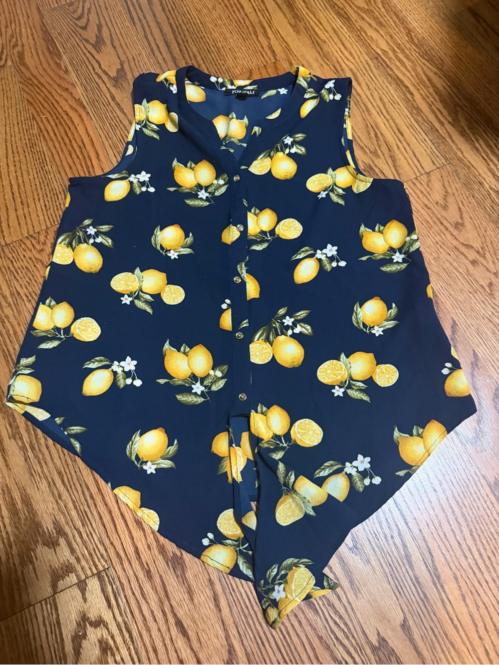 Roz & Ali Navy Top with Yellow Lemon Print